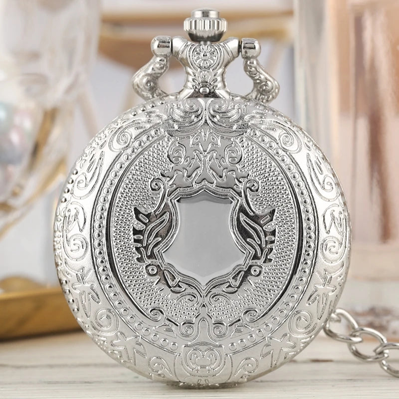 Luxury Silver Shield Crown Pattern Quartz Pocket Watch Fashion Necklace Pendant Chain Jewelry Gift Steampunk Clock for Men Women