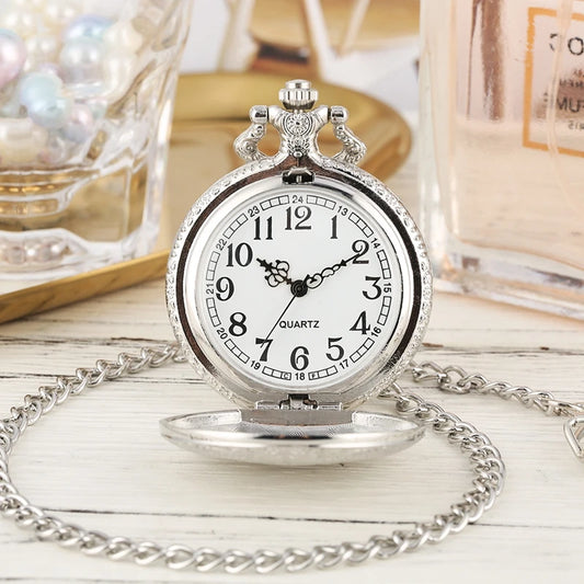 Luxury Silver Shield Crown Pattern Quartz Pocket Watch Fashion Necklace Pendant Chain Jewelry Gift Steampunk Clock for Men Women