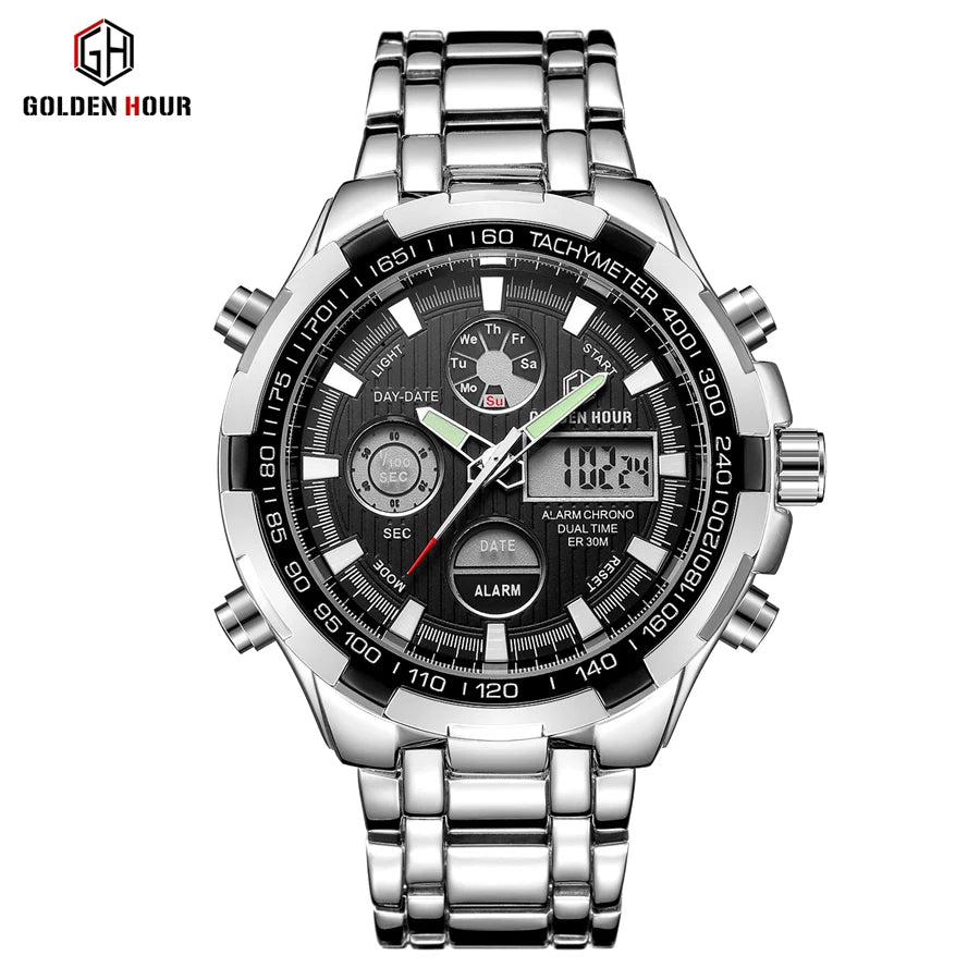 GOLDEN HOUR Top Brand Luxury Men Watches Business Casual Quartz Dual Display Luminous Watch With Chronoraph Date Wristwatch