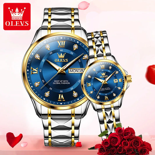 OLEVS 2906 Fashion Date Quartz Couple Watches Diamond Top Brand Luxury Watch For Men Women Waterproof Stainless Steel Wristwatch