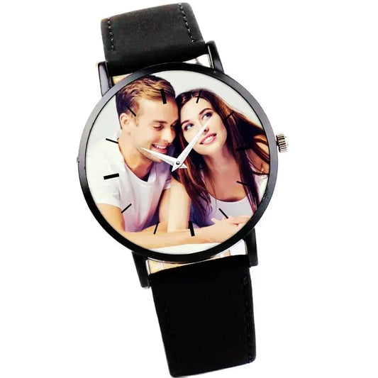 Custom Photo Watch For Couple All Black Leather Unisex Quartz Wristwatches Send Your Picture