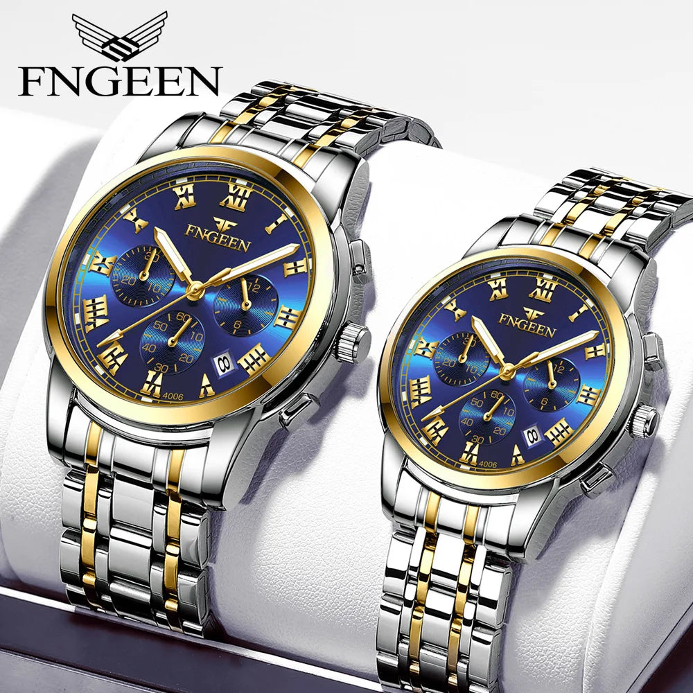 FNGEEN Couple Watch Luminous Calendar Date Luxury Big Dial Waterproof Three-eye Six-pin Sports Men Women Round Quartz Clock