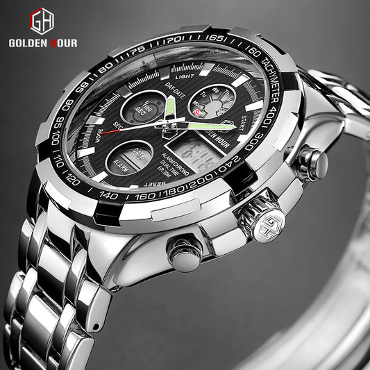 GOLDEN HOUR Top Brand Luxury Men Watches Business Casual Quartz Dual Display Luminous Watch With Chronoraph Date Wristwatch