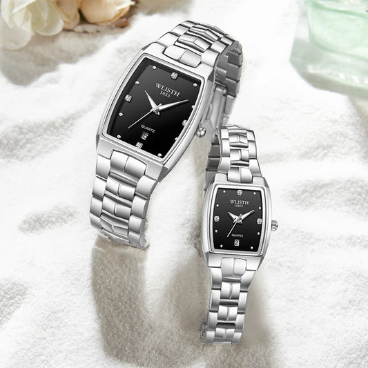 Rectangular Luxury Couple Watch Gold Fashion Stainless Steel Lovers Quartz Wrist Watches For Women Men Analog Date Wristwatches