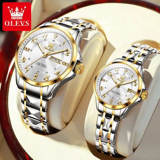 OLEVS Couple Watch for Men and Women Stainless Steel Digital Dial Wedding Watches Fashion Luxury Brand Lover's Quartz Wristwatch