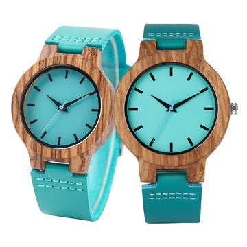 Unique Blue Genuine Leather Quartz Watch Men Women Fashion Minimalist Zebrawood Watch Case Couple Wristwatches Anniversary Gift