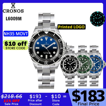 Cronos Automatic Diving Watch Stainless Steel 2000 Meters Water Resistance Professional Diver L6009M