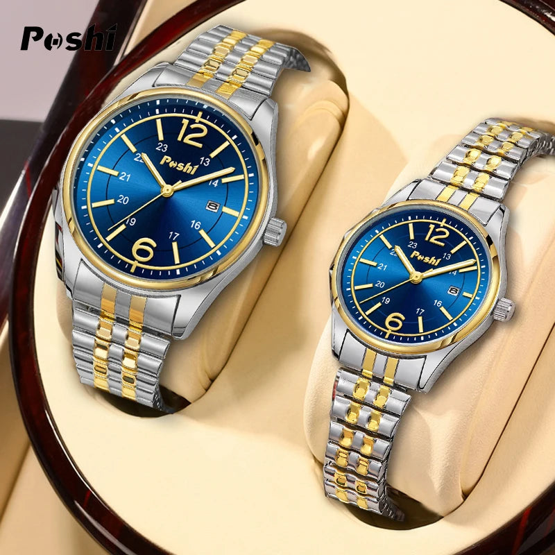 POSHI Couple Watch Fashion Casual Quartz Wristwatch Luxury Alloy Elastic Strap with Date Lover's Watches for Gift