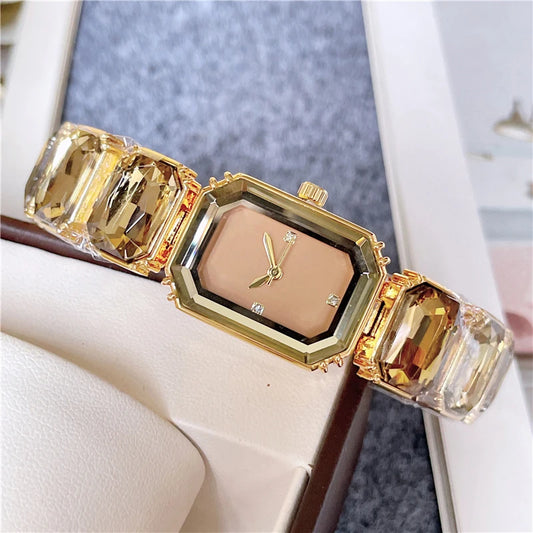 2024 Fashion Brand Wrist Watches Women Girl Beautiful Rectangle Colorful Gems Design Steel Metal Band Clock